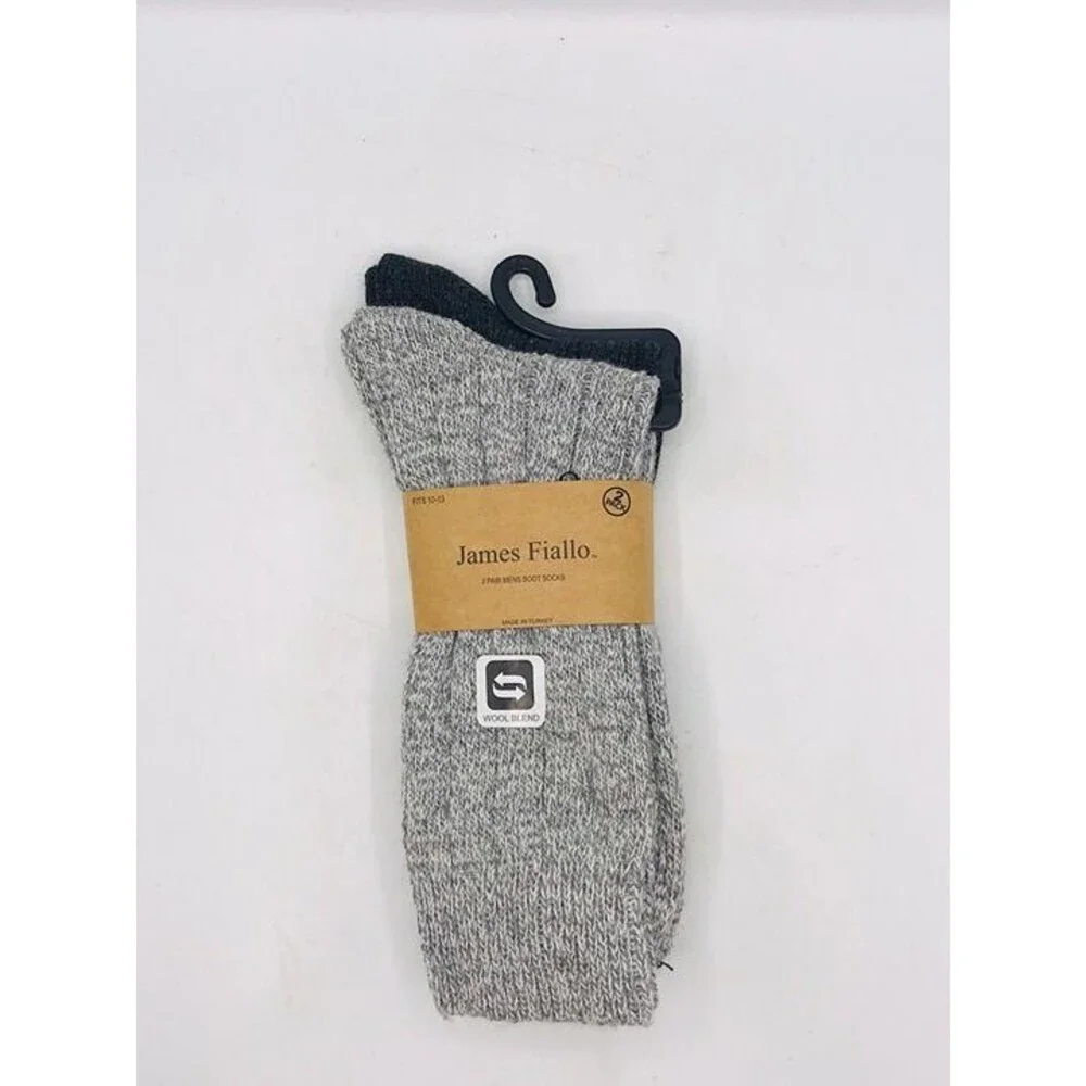 2 Pack Mens Boot Socks James Fiallo Wool Blend Black and Gray Winter, Classic